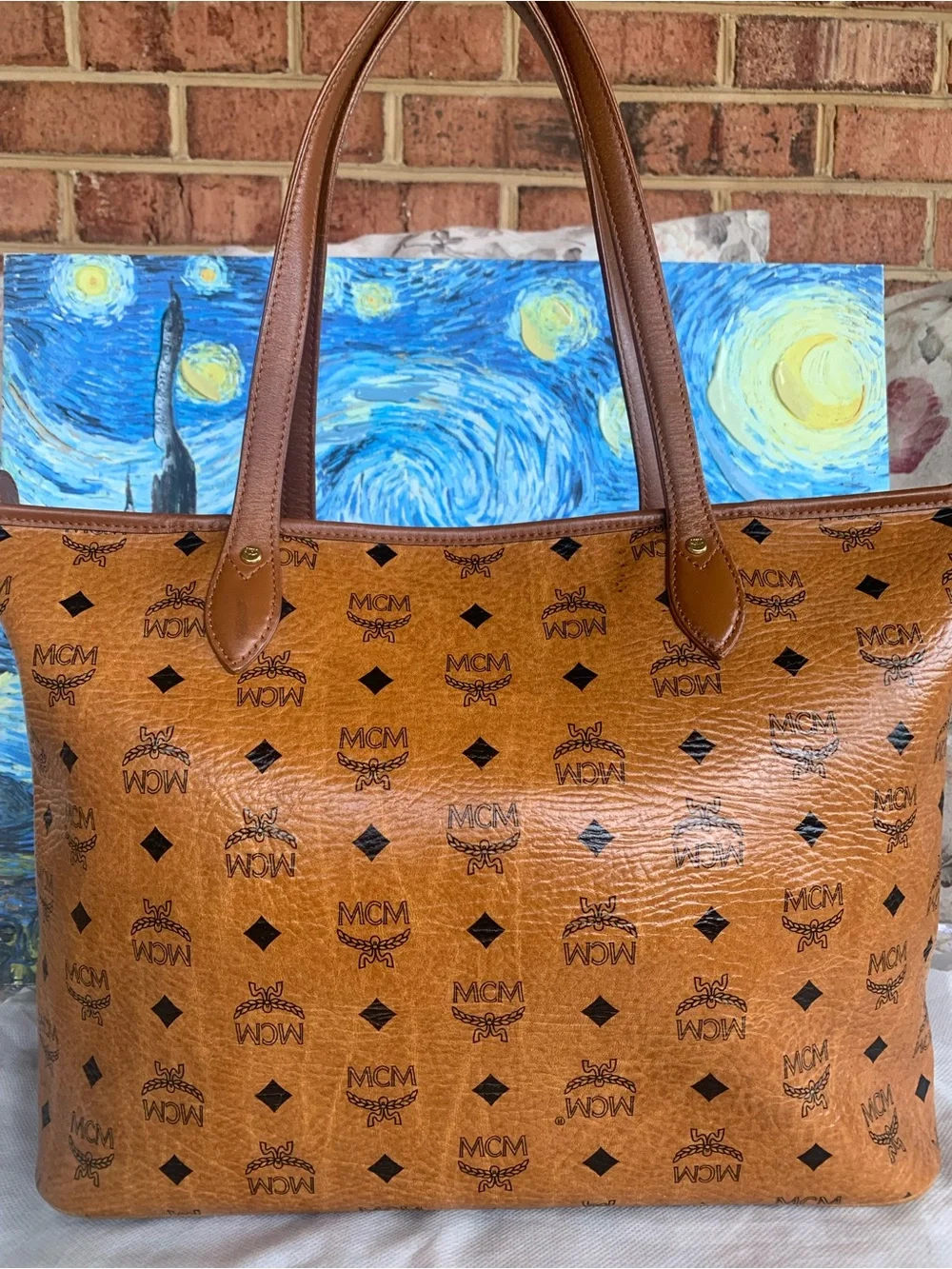 MCM Cognac Visetos Tote with Navy and Orange Center Stripe with Bone. EUC - Picture 2 of 16
